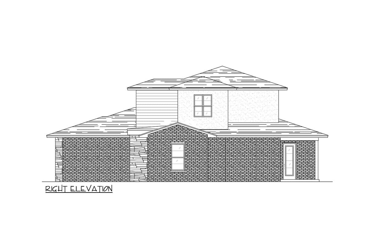 Right elevation house plan drawing shows a two-story home with brick and siding, multiple rooflines, windows, and a door.
