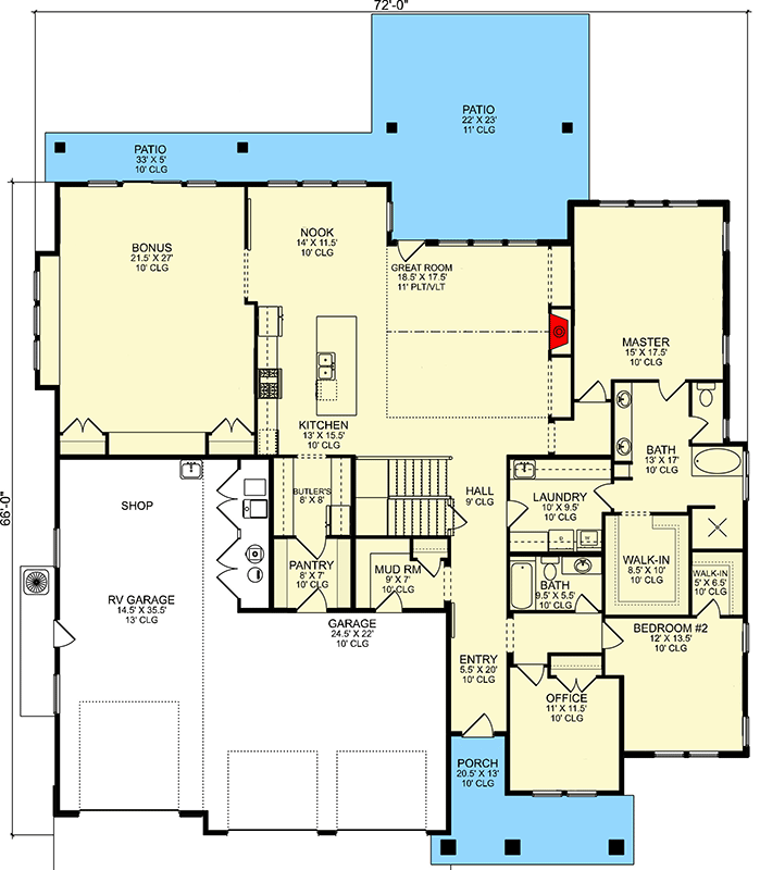 Plan 580083DFT: 5-Bed New American Home Plan with Bonus on the Main Level and RV Garage - 3914 Sq Ft - Floor Plan - Main Level - Craftsman, New American, Traditional