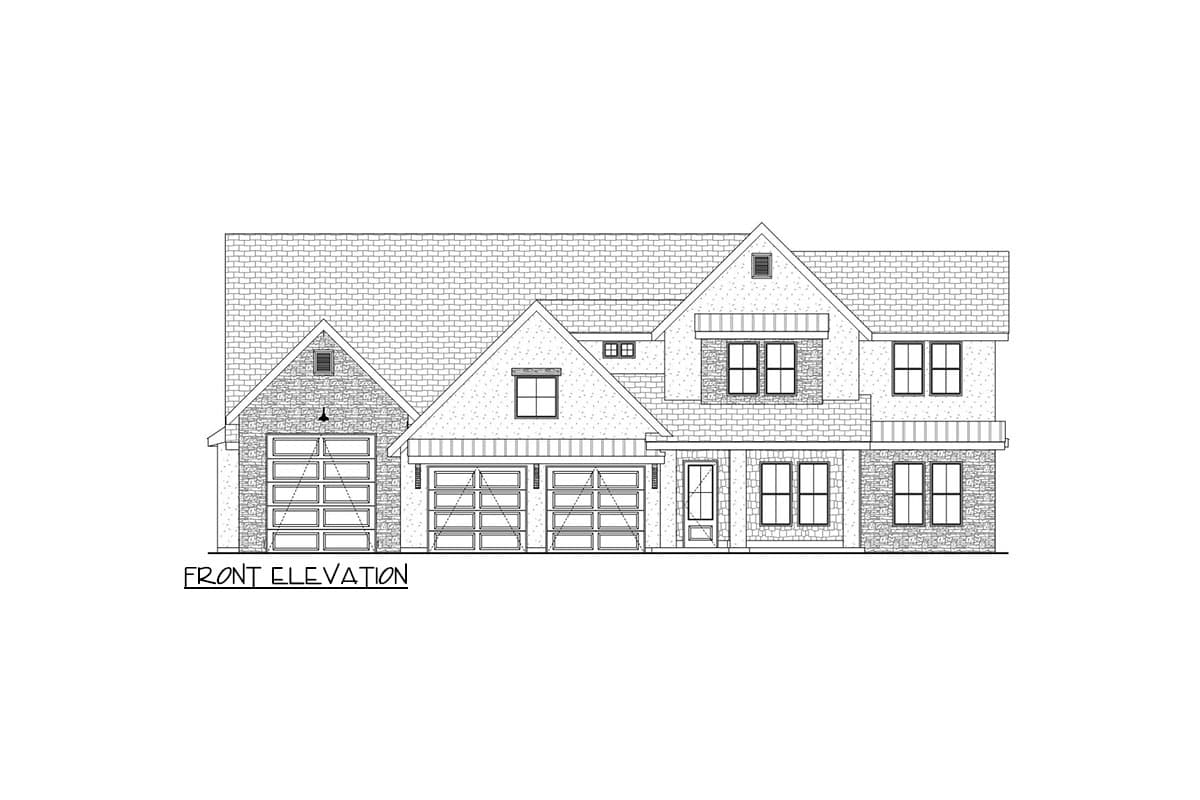 Front elevation drawing of a two-story house with a gabled roof, stone accents, and a three-car garage.