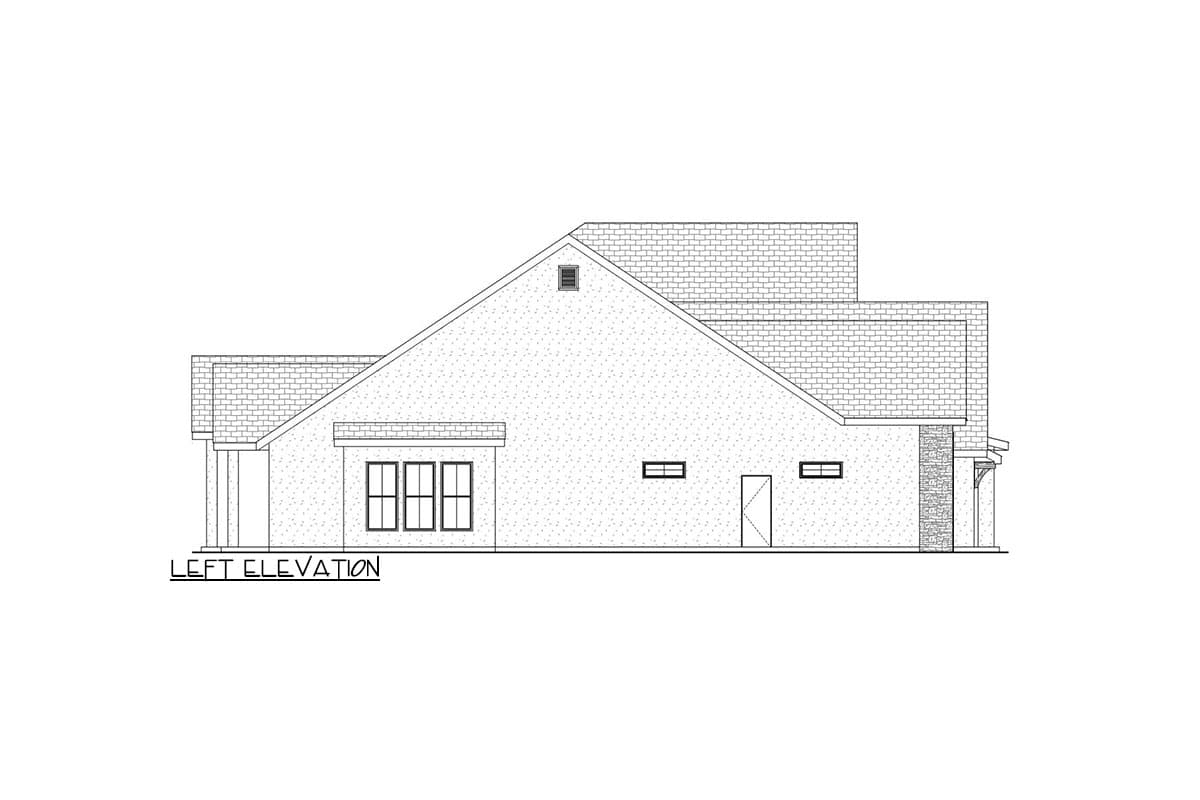 Left elevation drawing of a house plan featuring a prominent gable, stacked rooflines, and a three-window bay.