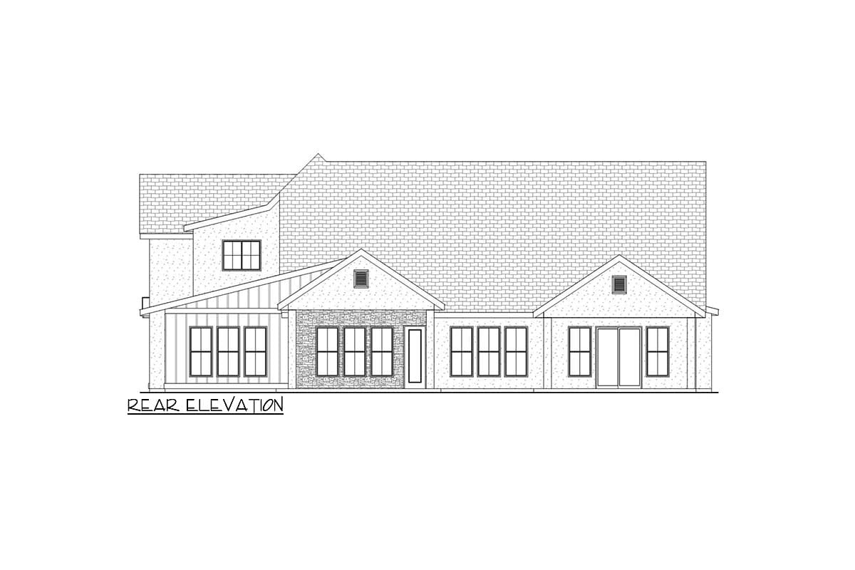 Rear elevation drawing of a house plan showing varied rooflines, gables, and window groupings.