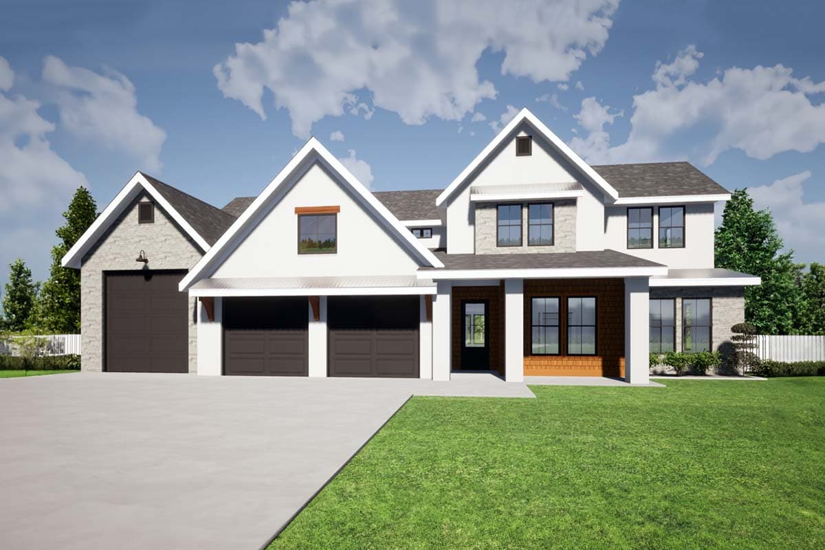 House plan exterior with Modern Farmhouse style, two stories, gabled rooflines, a front porch, and a three-car garage.