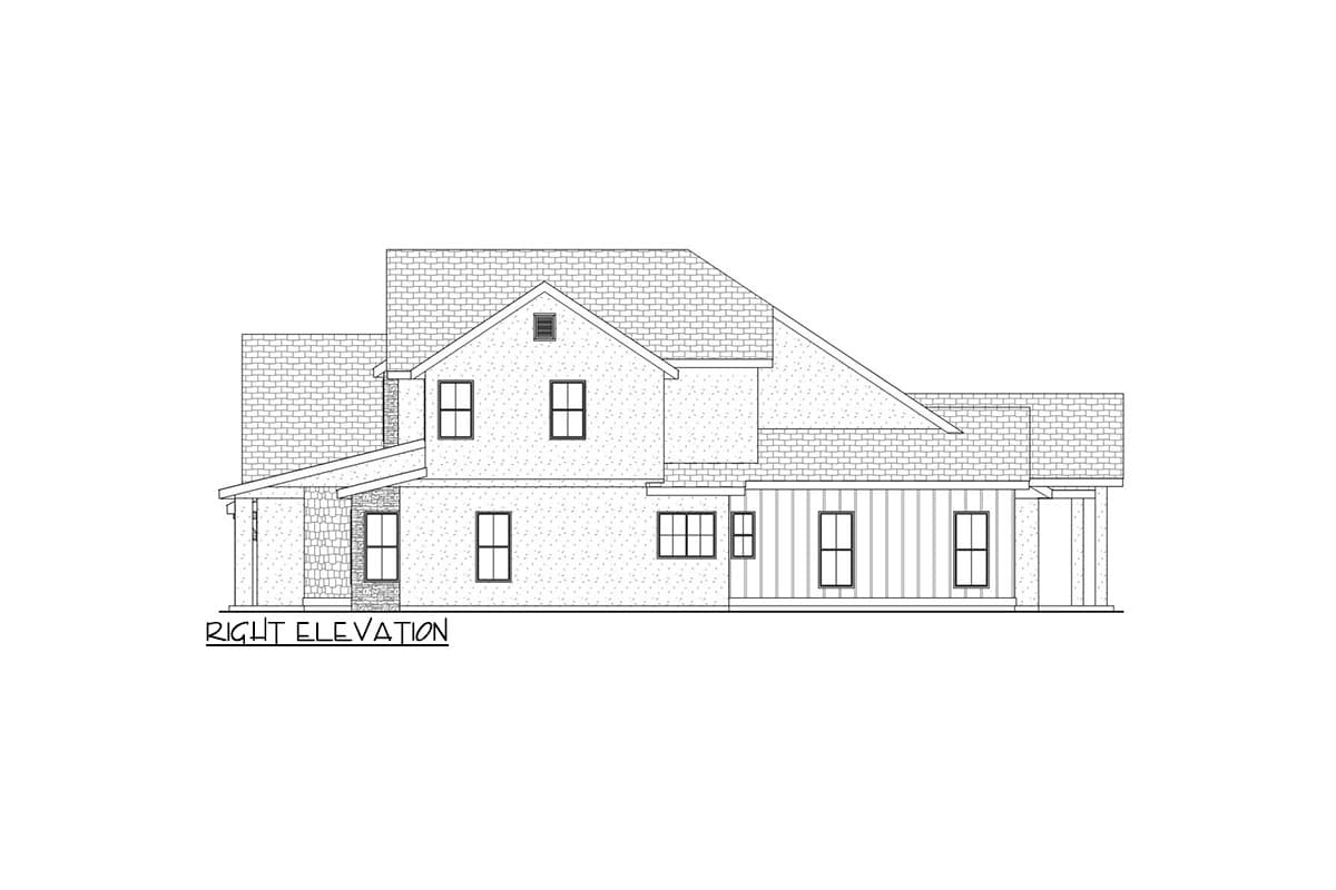Right elevation drawing of a two-story house with gables, dormers, and a covered porch.
