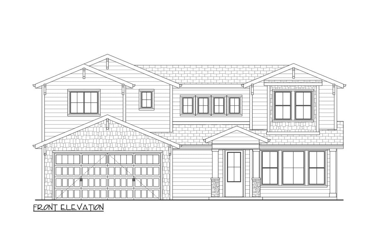 Front elevation house plan showing a two-story home with a prominent gable, shingled roof detail, and a multi-panel garage door.