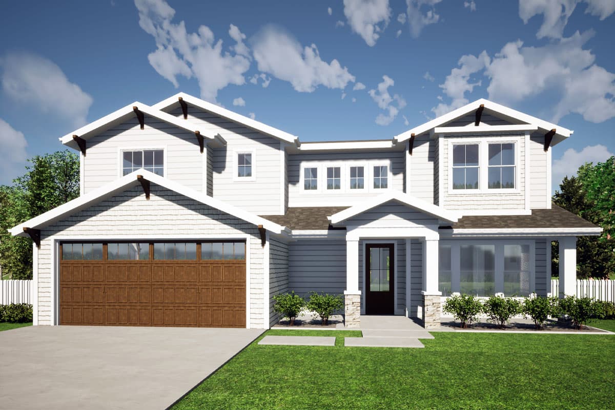 House plan exterior featuring Craftsman style, two stories, and multiple gables. Includes a front entry porch and an attached garage.