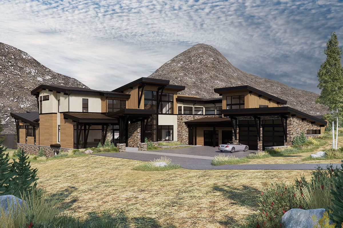 House plan exterior. Modern style, two-story home with a low-sloped roof, stone accents, and a garage with glass doors.