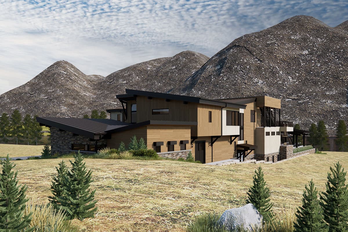 Modern house plan exterior with multiple levels, wood siding, stone accents, cantilevered sections, and a sloped dark metal roof.