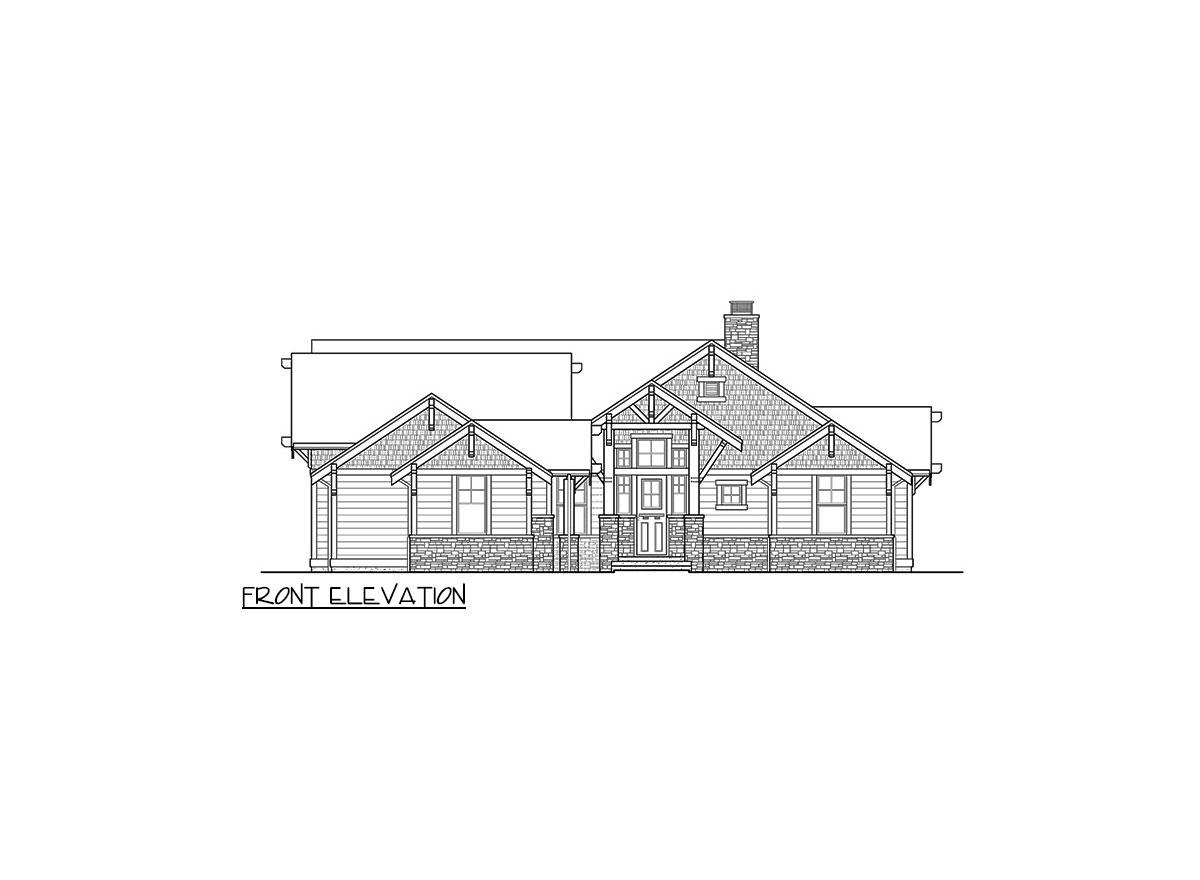 Front elevation drawing of a one-story house plan with prominent gables, stone accents, and a covered entry.