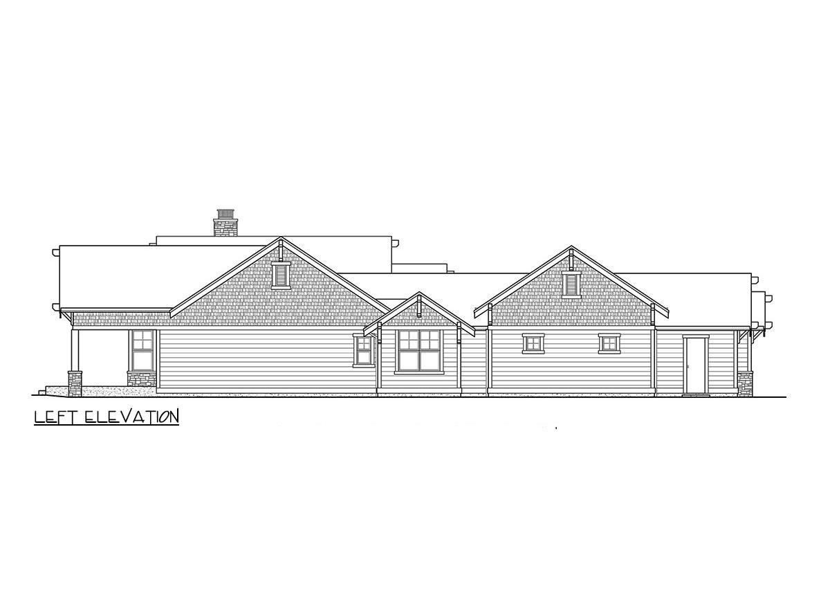 Left elevation drawing of a one-story house with a covered porch, gables, dormers, and shingle and lap siding.