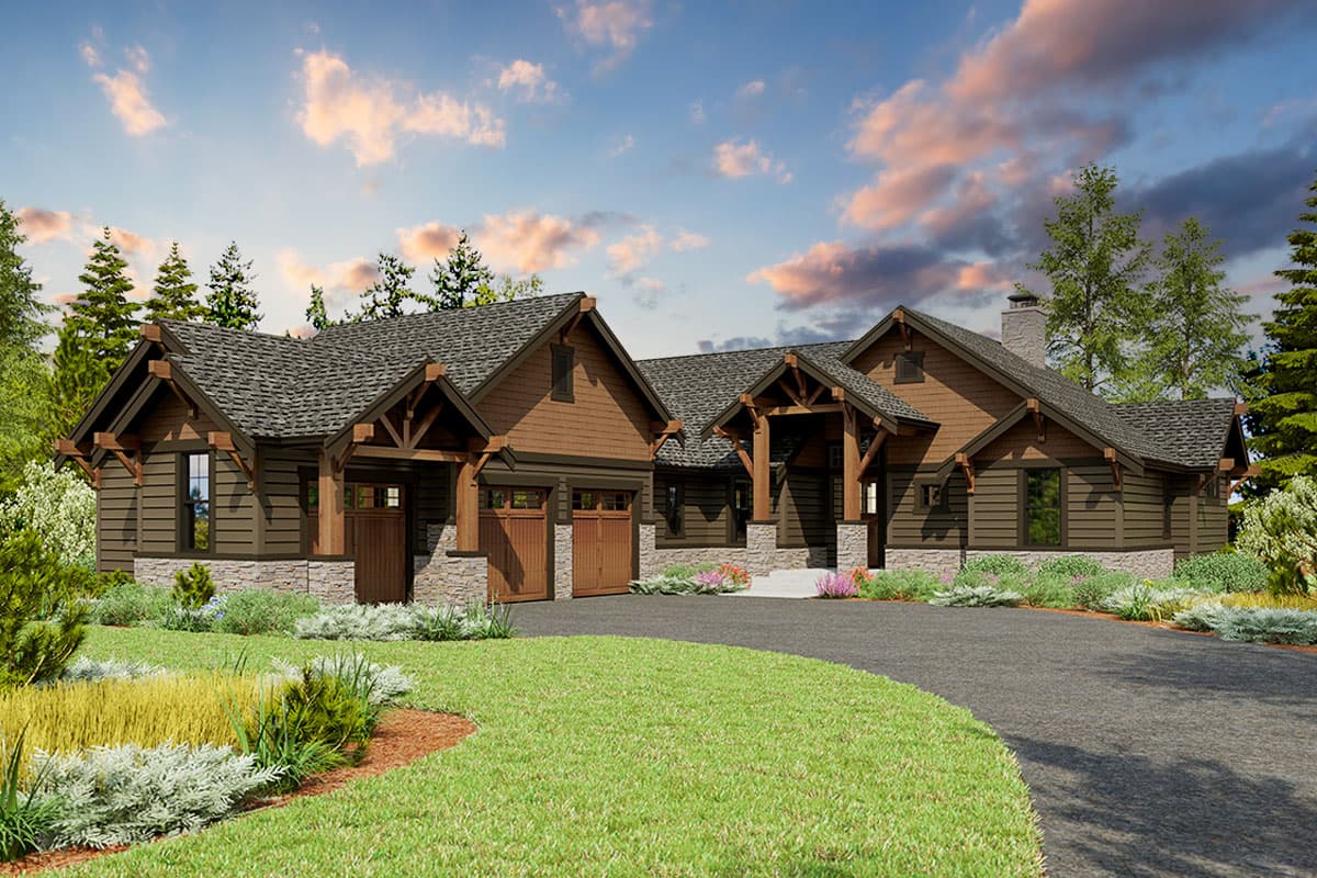 House plan exterior. Craftsman style, one story, with gables, exposed rafter tails, and a front-entry porch with stone columns.