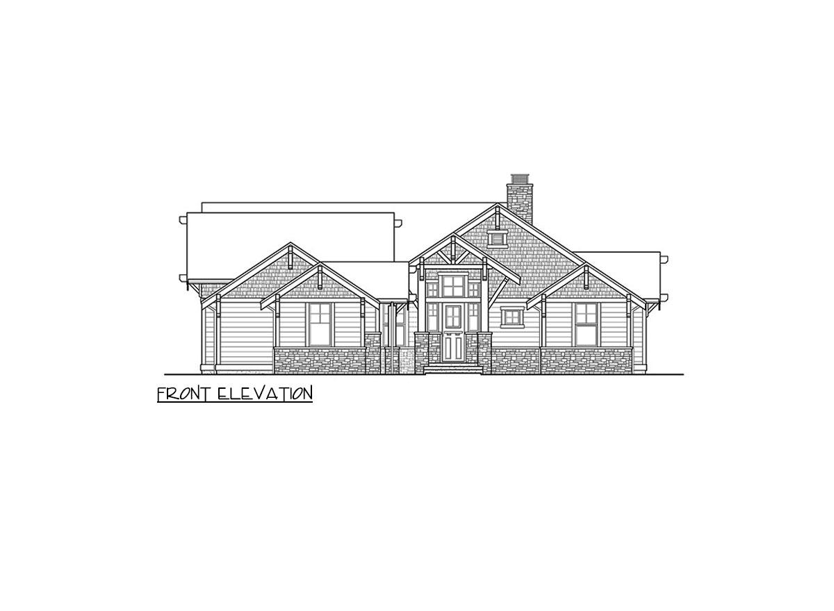 Front elevation of a two-story house plan featuring a prominent gable, stone wainscoting, and multiple dormers.