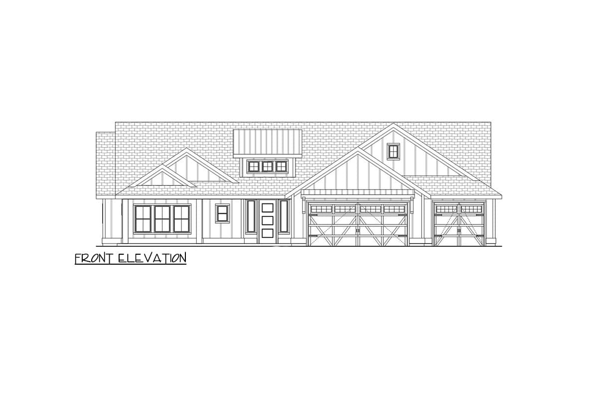 Front elevation drawing of a modern farmhouse style house with gables, dormer window, and a three-car garage.