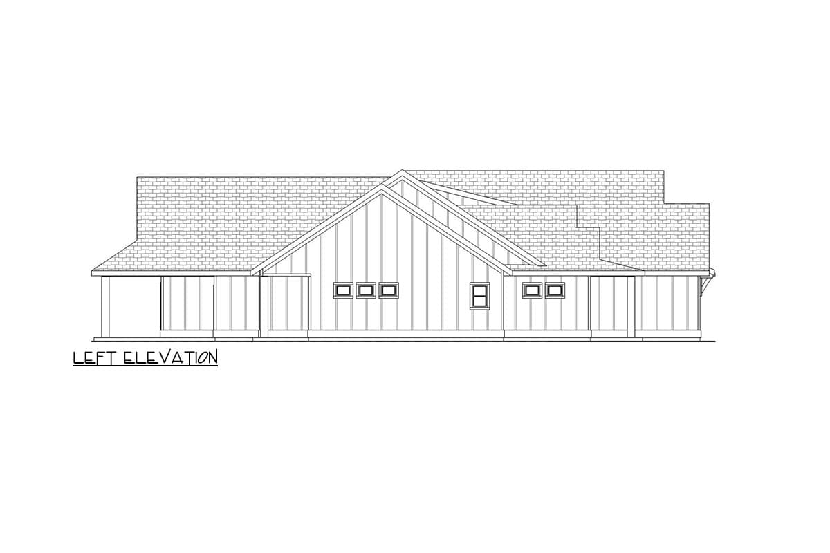 Left elevation drawing of a single-story house plan featuring a prominent gable roofline, porch, and multiple square windows.