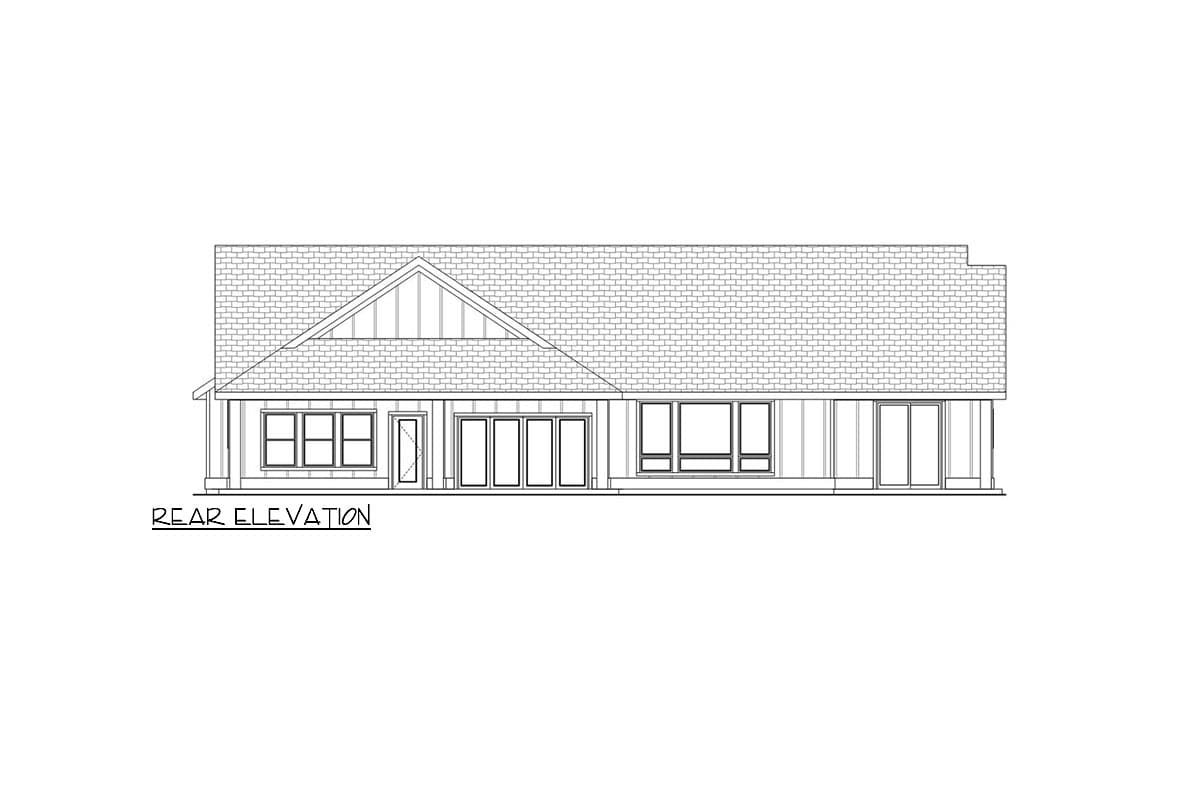Rear elevation of a house plan showing a gable roof, multiple windows, and sliding glass doors.