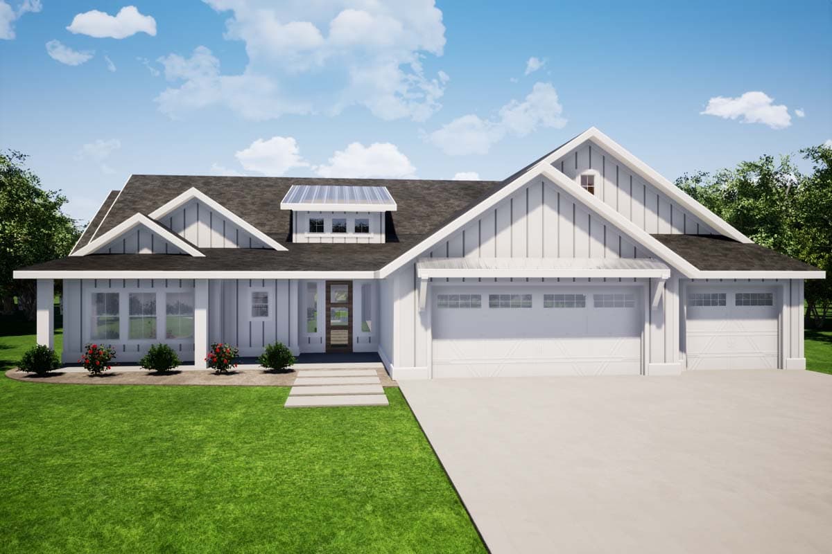 House plan exterior featuring a two-car garage, multiple gables, and a porch. The Modern Farmhouse style home has a two-story design.