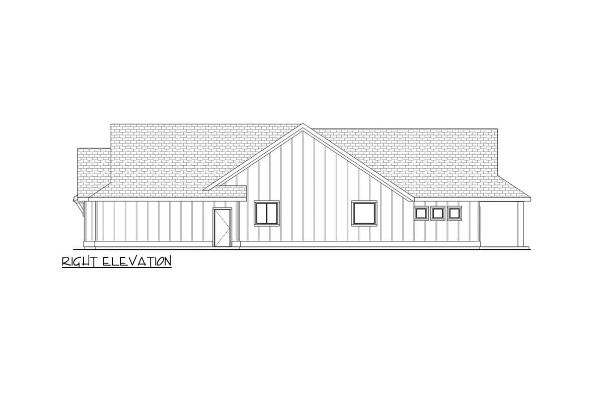 Right elevation house plan showing a single-story structure with a prominent gable, vertical siding, and multiple windows.