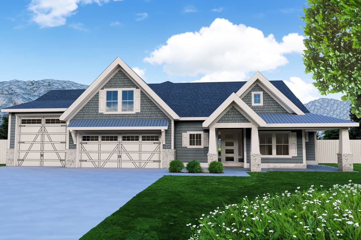 House plan exterior featuring Craftsman style with a gabled roof, a covered front porch, and a side-entry garage.