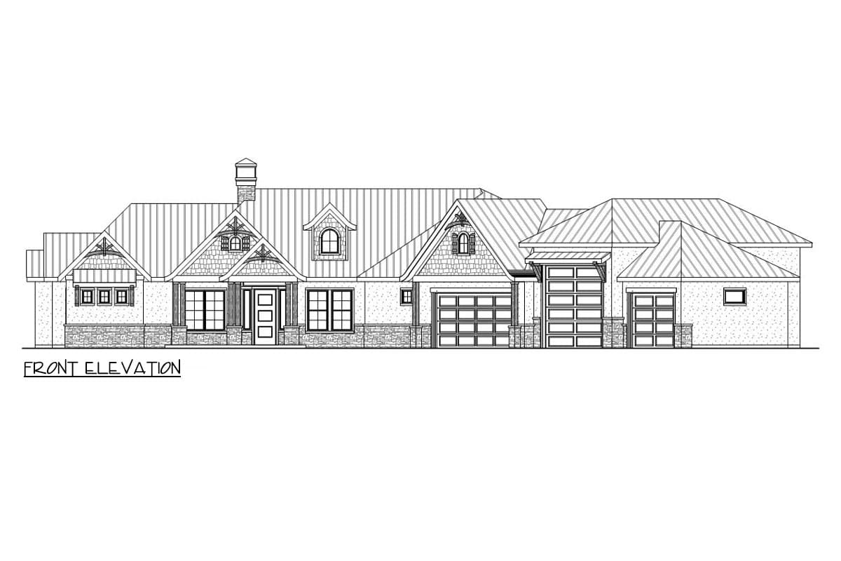 Front elevation house plan showing a one-story home with a metal roof, multiple gables, stone accents, and three garage bays.