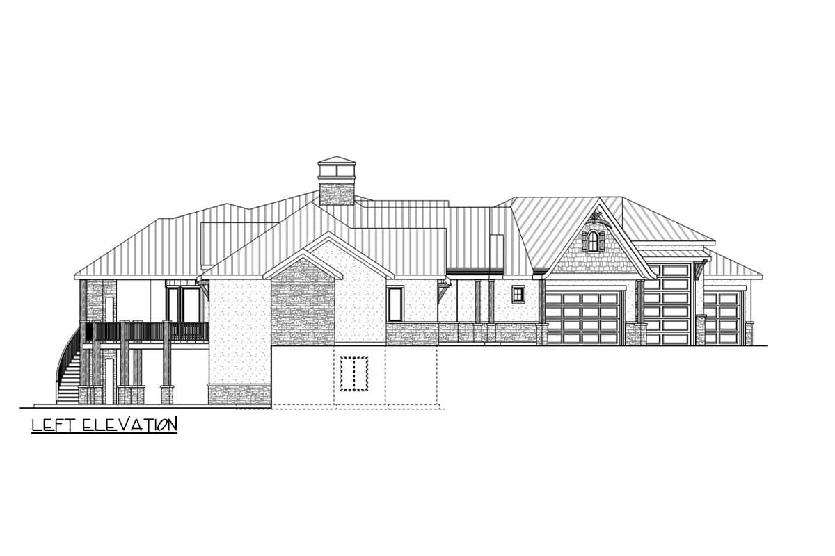 Left elevation house plan shows a multi-level home with a prominent gable, stone accents, covered deck, and triple garage with glass doors.