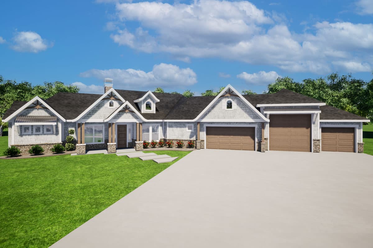 House plan exterior. Craftsman style, single-story home with gabled roof, dormers, and attached garage. Stone columns and decorative trim accents.