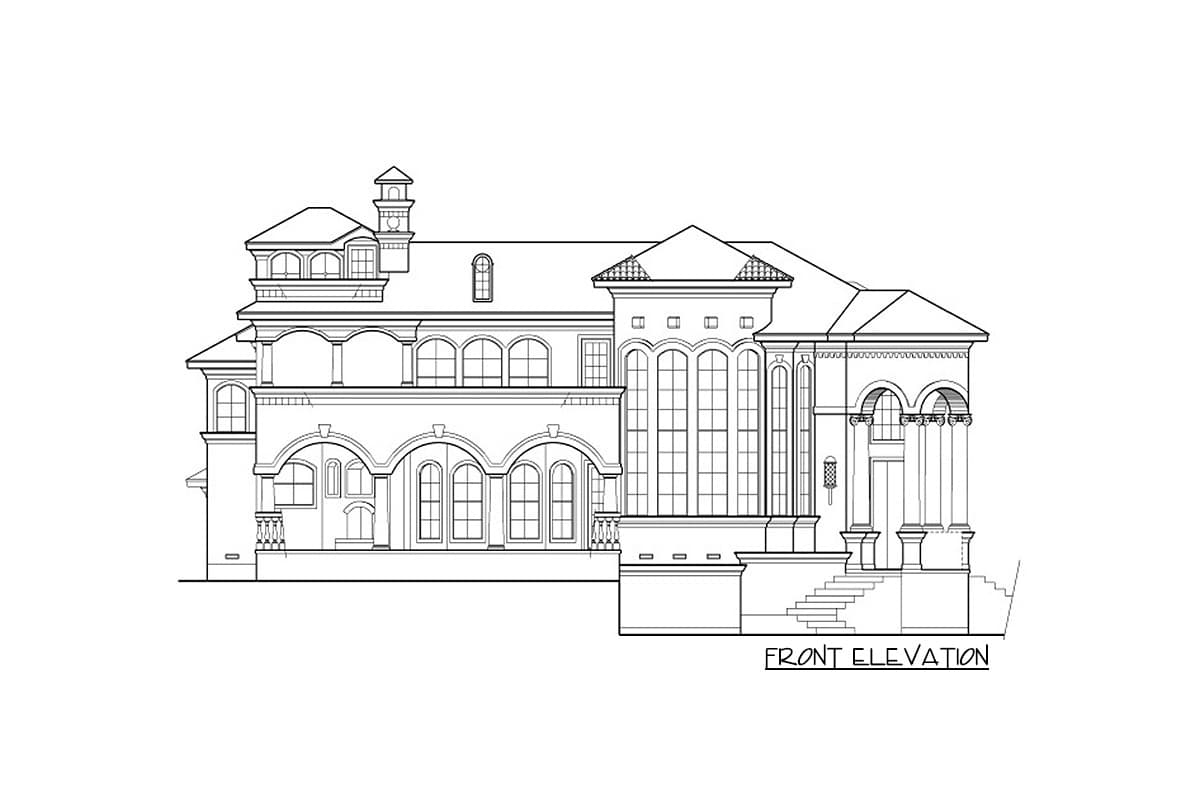 Front elevation drawing of a multi-story house with arched windows, columns, and a tower.