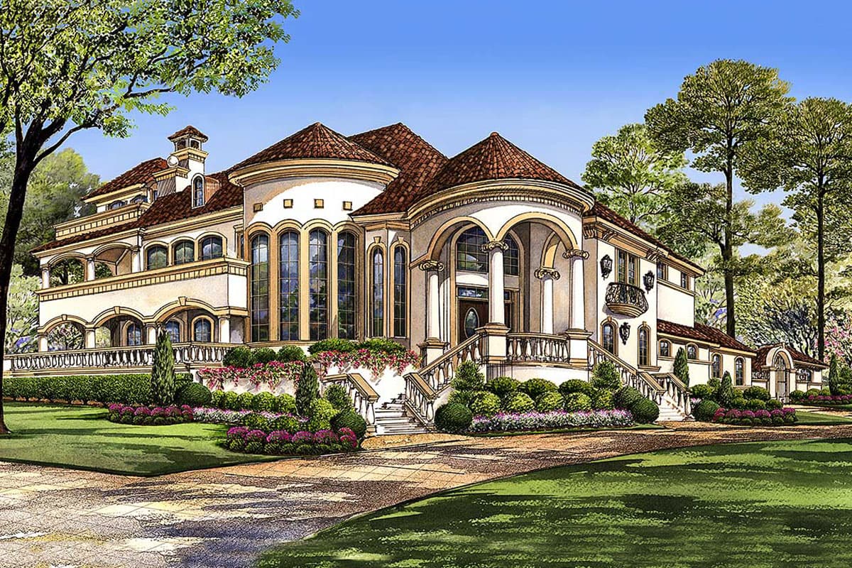 House plan exterior: Italian Renaissance style, multiple stories, arched entry, circular bay windows, and tile roofs.