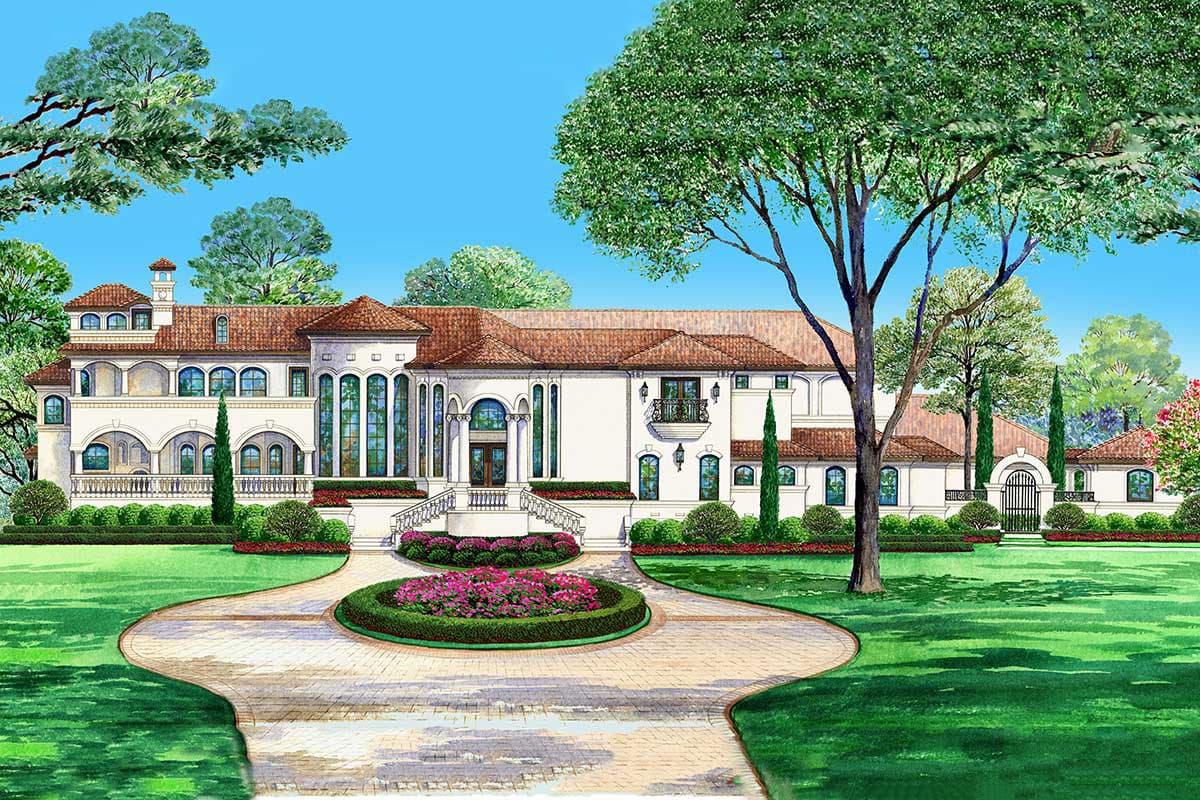 House plan exterior rendering. Two-story Mediterranean style with a tile roof, arched windows, a covered entry, and a symmetrical facade.