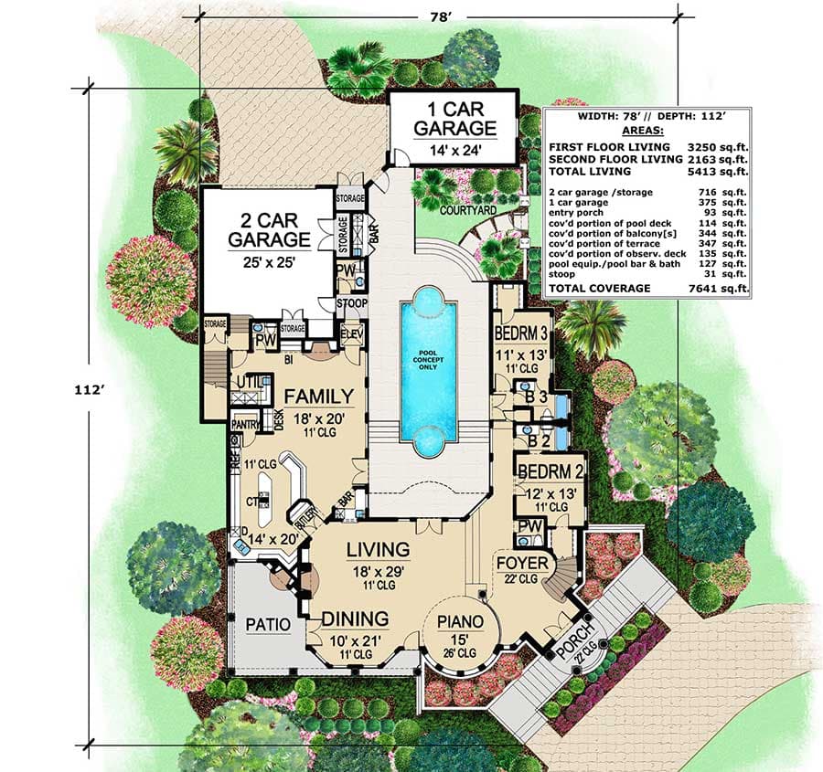 Plan 36143TX: Mediterranean with Central Courtyard - Floor Plan - Main Level - European, Mediterranean, Spanish