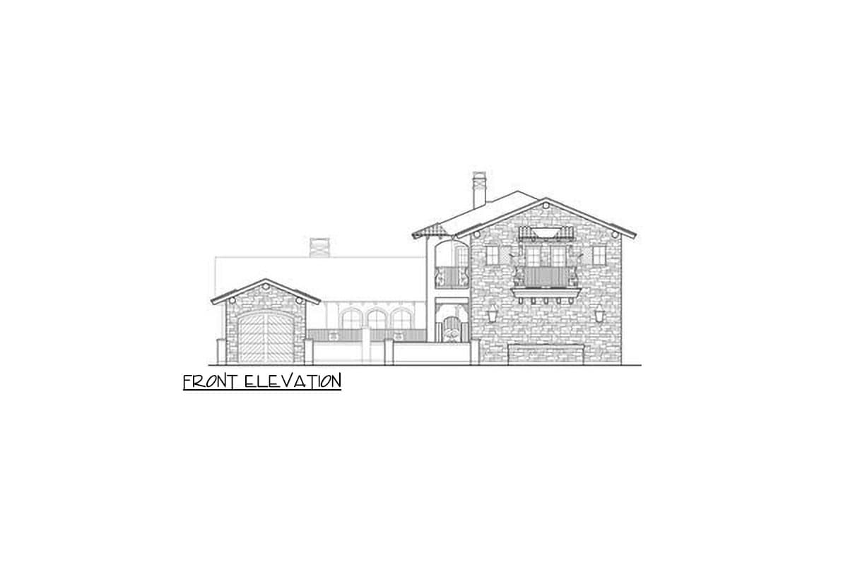 Front elevation of a stone house plan with a two-car garage, arched windows, and a second-story balcony.
