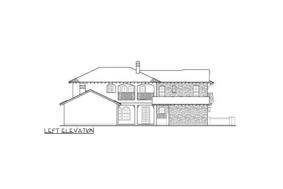 Left elevation of a two-story house plan with arched windows, balconies, and stone facade.