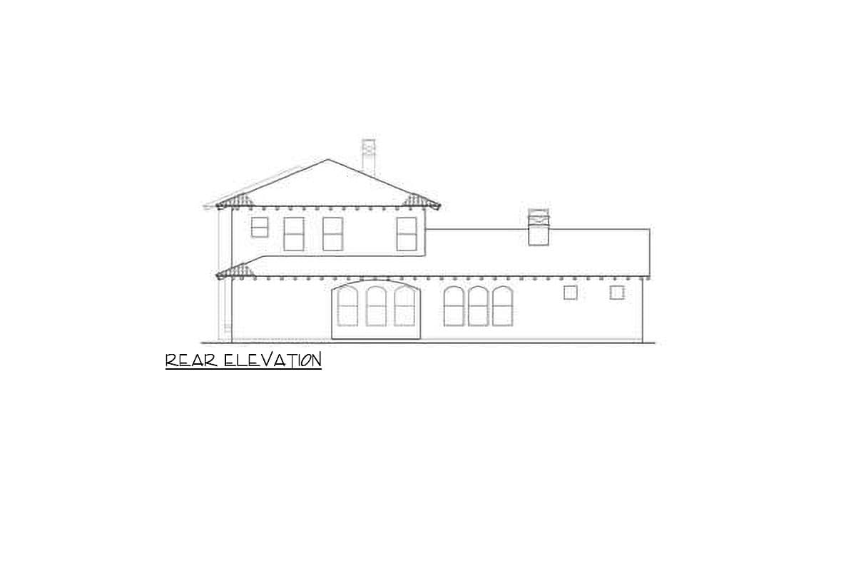Rear elevation drawing of a two-story house with gabled dormers, arched windows, and chimneys.