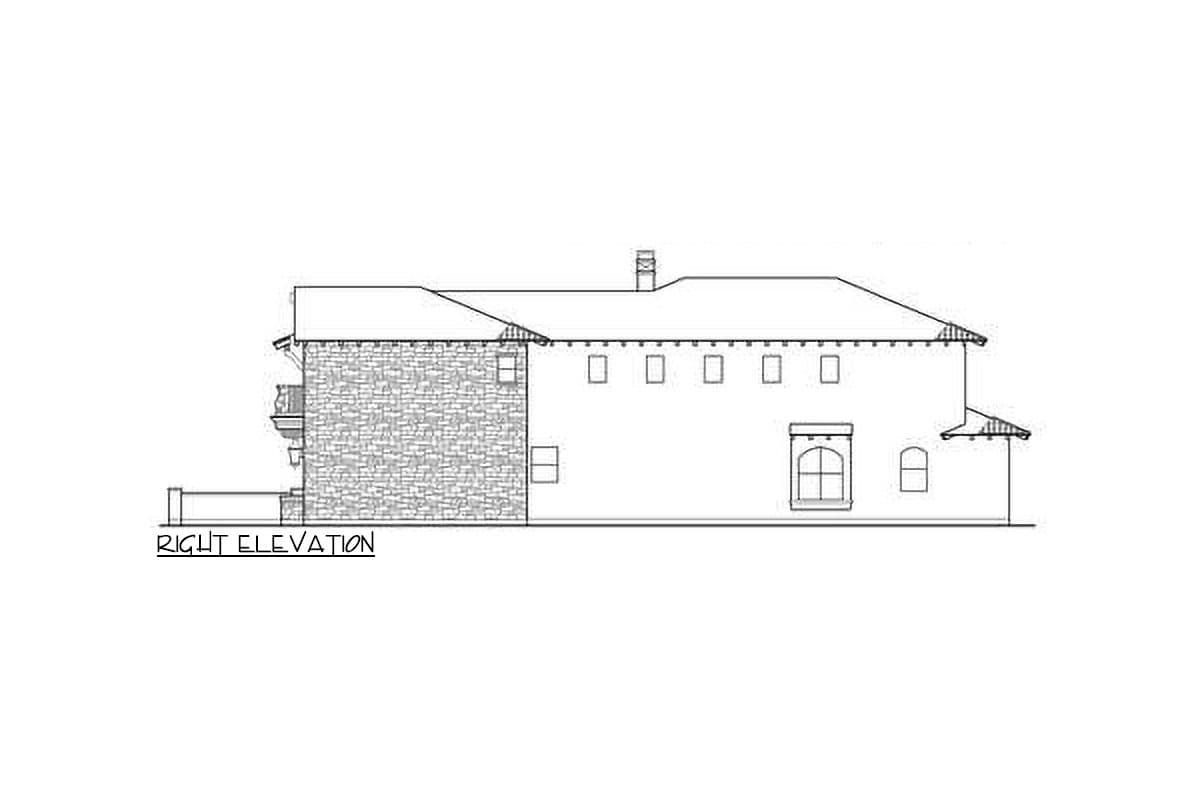 Right elevation house plan showing stone exterior facade, multiple gables, arched window, and chimney.