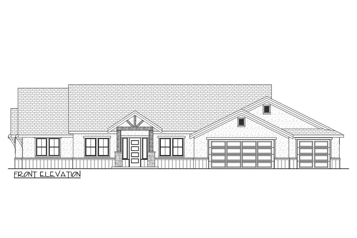 Front elevation drawing of a one-story house with a prominent gabled entrance, multiple windows, and a three-car garage.