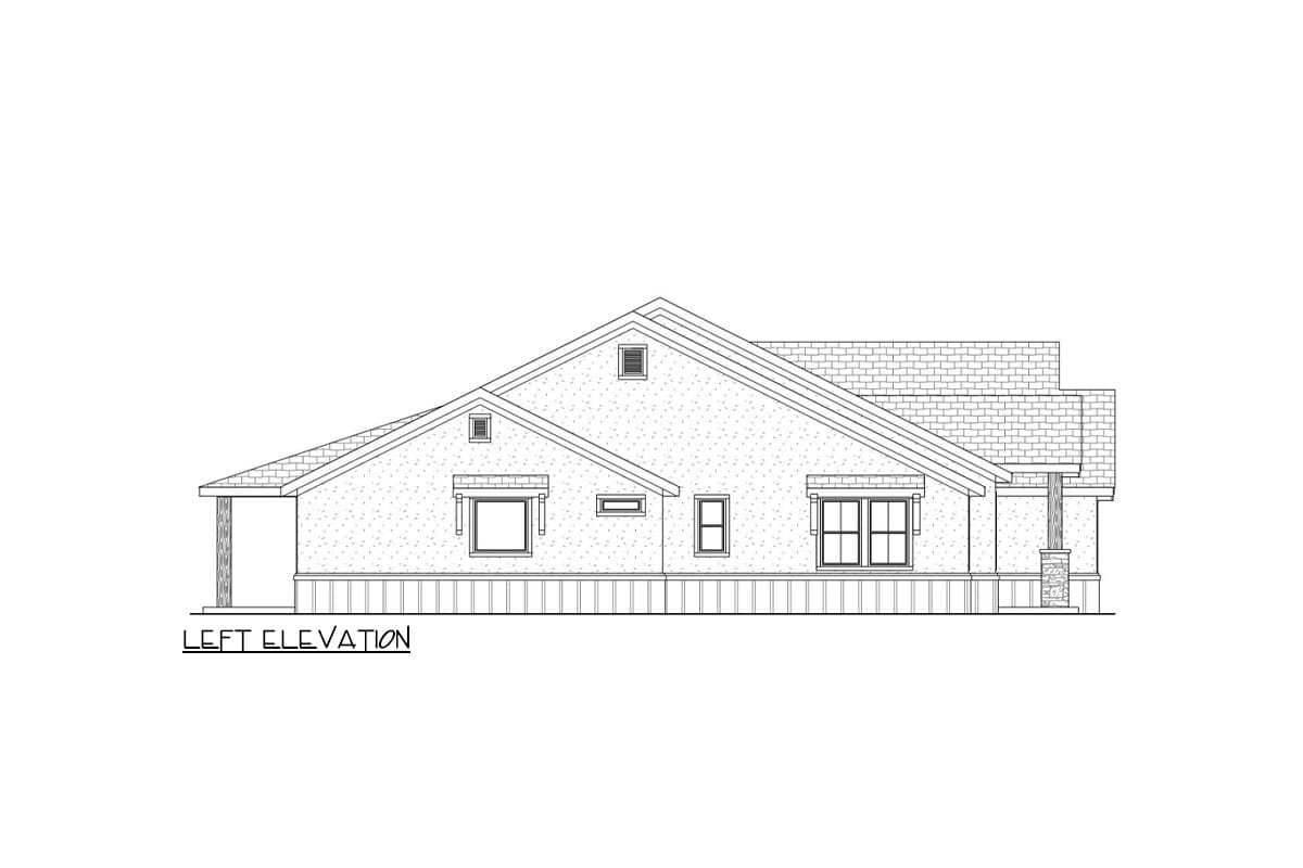 Left elevation house plan showing a single-story structure with a gabled roof, prominent dormer, and covered porch.