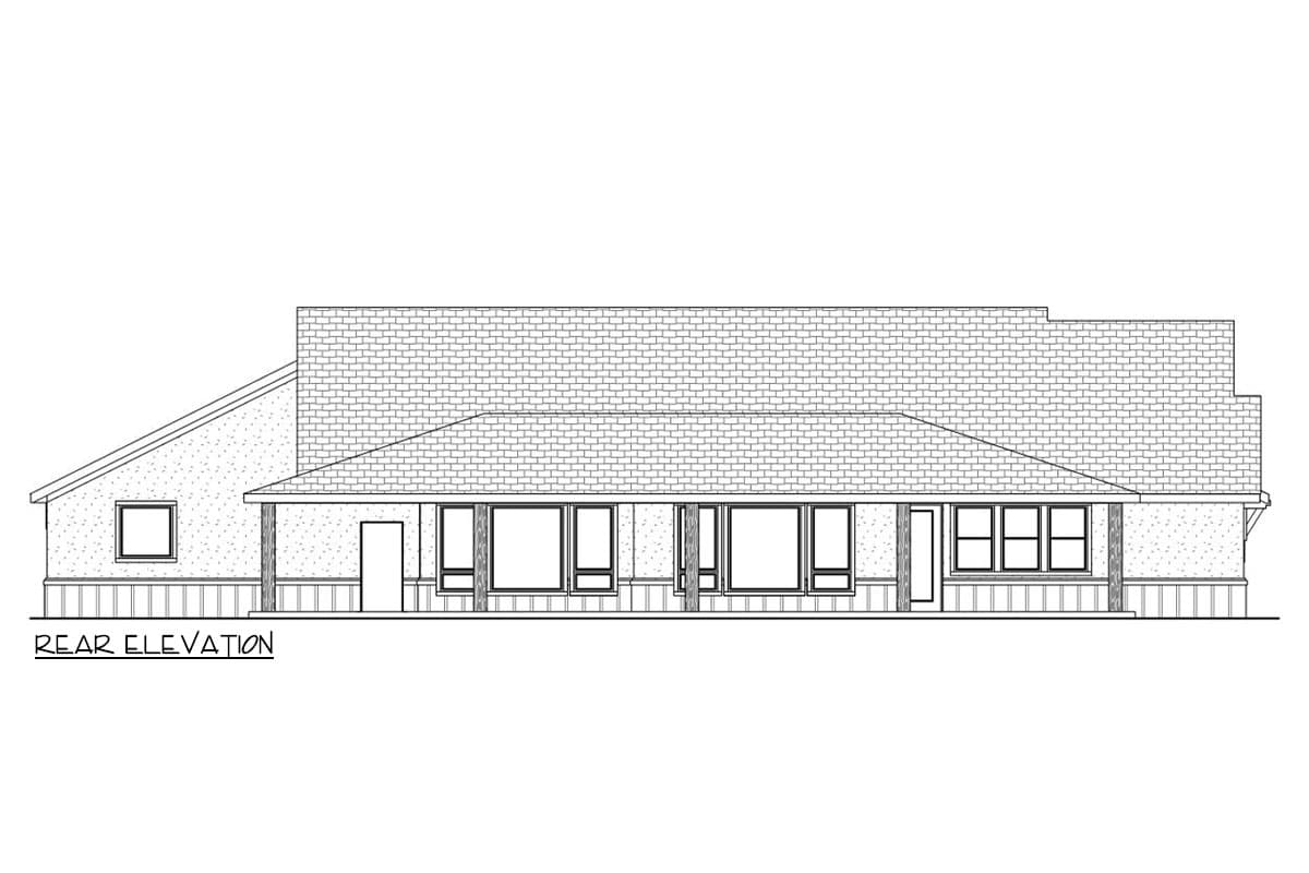 Rear elevation drawing of a single-story house with a covered porch, multiple windows, and a hipped roof.