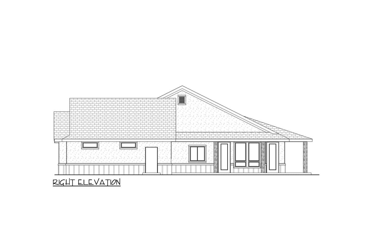 Right elevation house plan showing a single-story home with gabled rooflines, varied window sizes, and a covered porch.