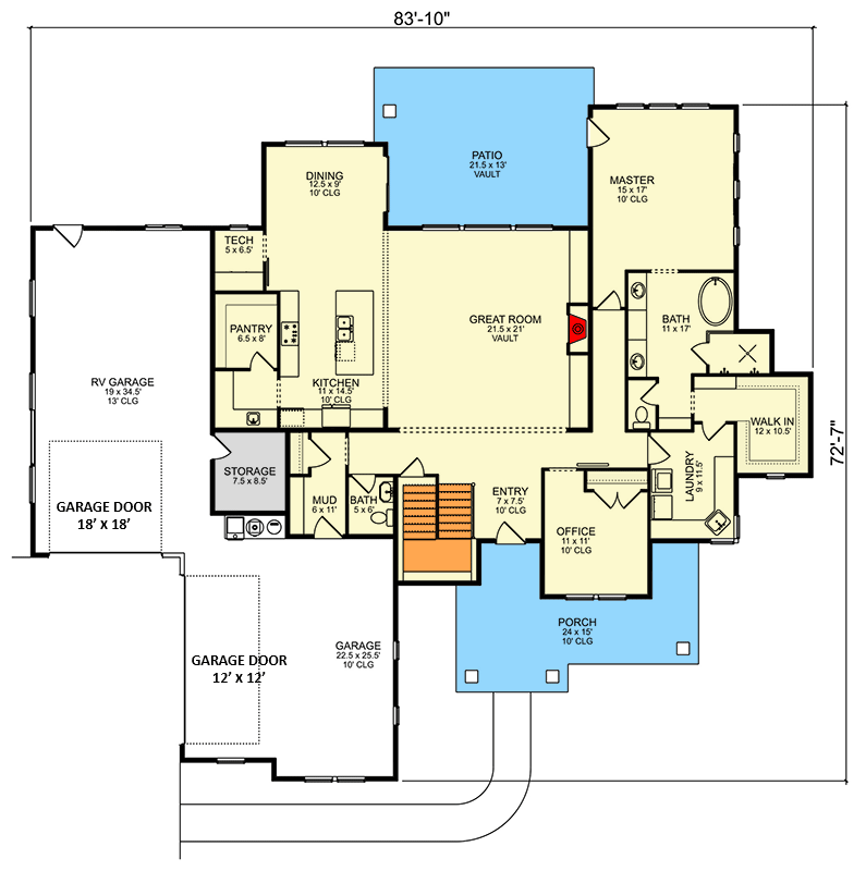 Plan 580094DFT: 4-Bed Craftsman-Style Ranch with Home Office and Bonus Room - 3939 Sq Ft - Floor Plan - Main Level - Craftsman, Ranch, Traditional