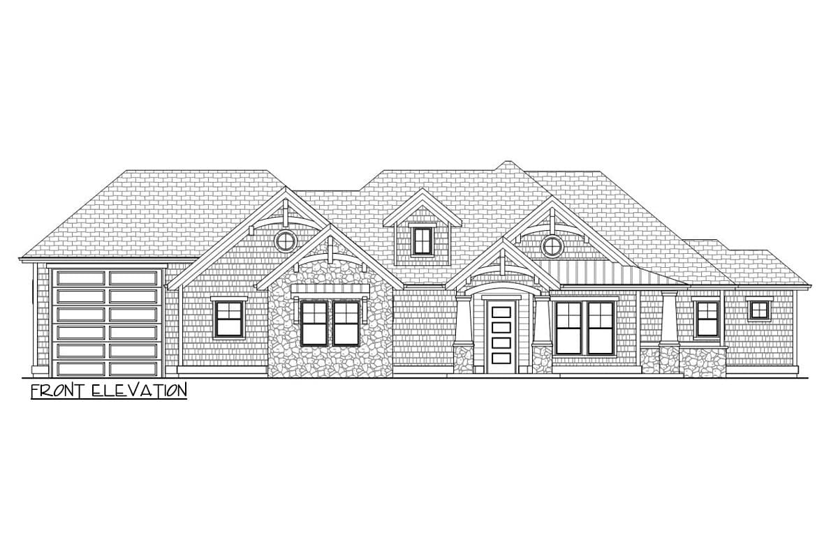 Front elevation house plan with gabled dormer, stone accents, covered porch, and attached garage.