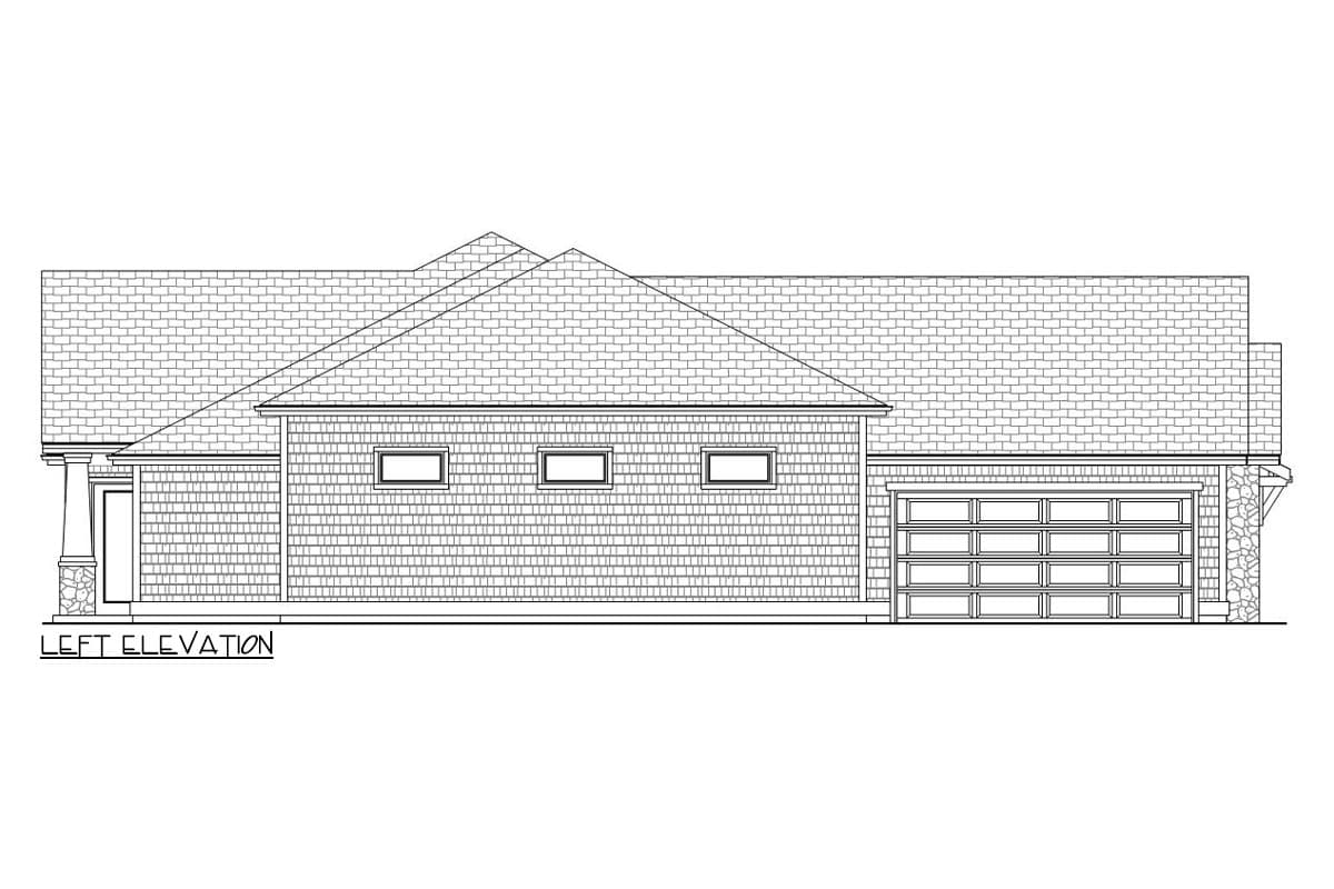 Left elevation house plan with shingle siding, three windows, a stone-accented garage door, and intersecting gables.