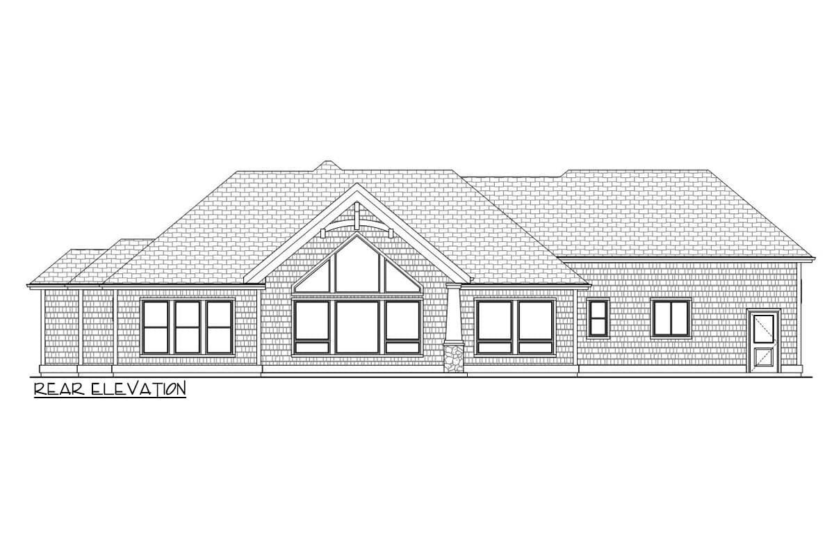 Rear elevation house plan showing a single-story home with multiple gables, a large central window group, and a covered porch.