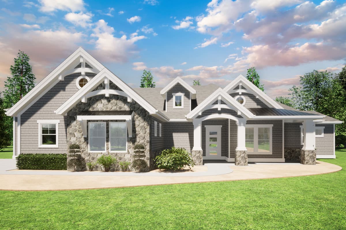 House plan exterior. Craftsman style, one-story. Features include gables, stone accents, and a covered porch. Round window in a gable end.