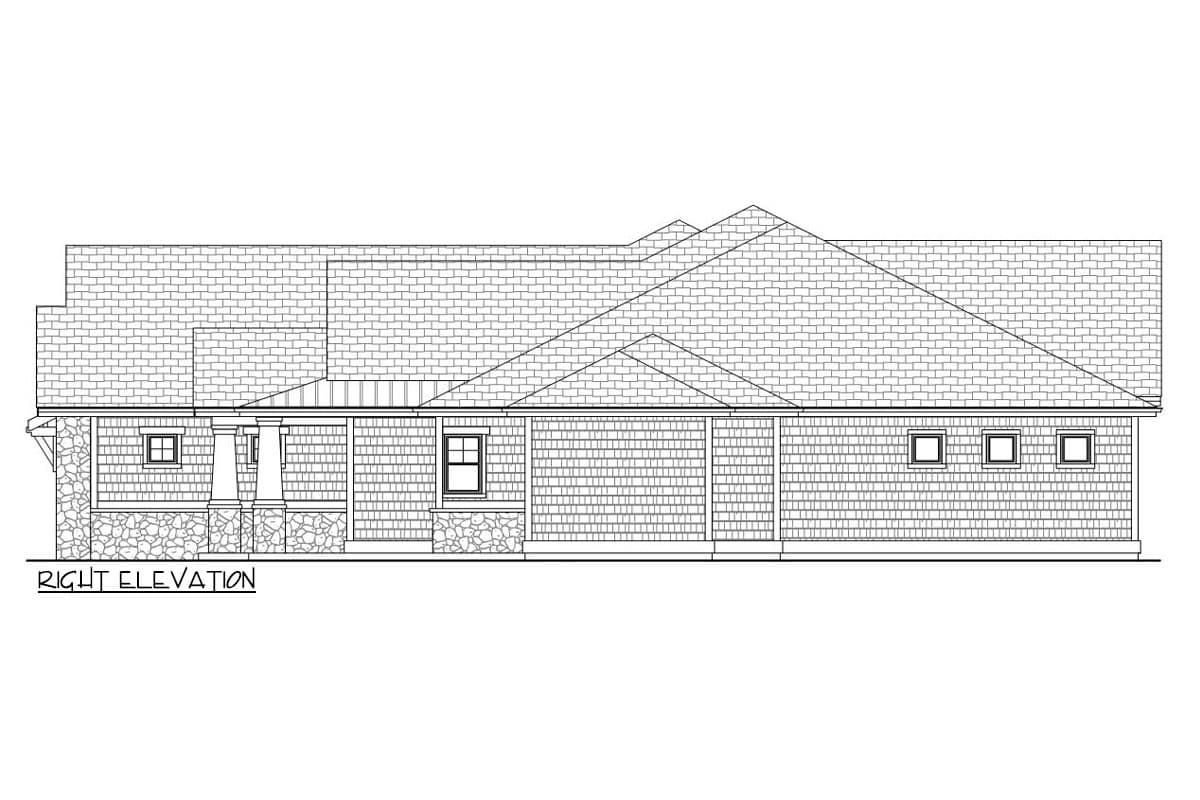 House plan right elevation featuring a covered porch with columns, stone accents, shingle siding, and multiple gables.