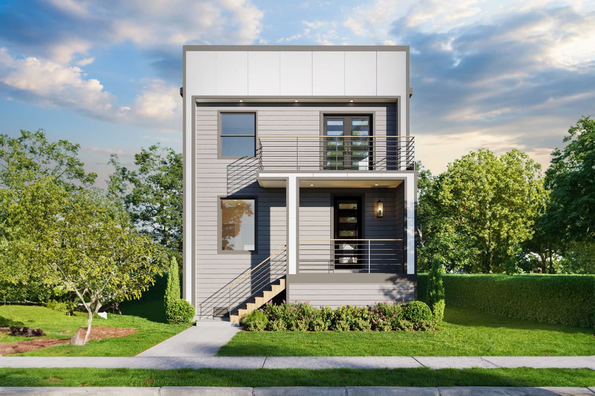 House plan exterior. Two-story modern house with balcony, open porch, and horizontal siding. Features include a flat roof and a front staircase.