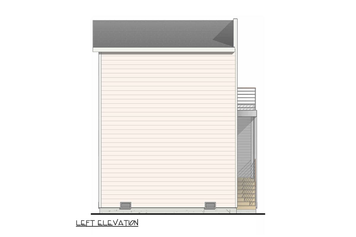 Left elevation drawing of house plan, showing siding, pitched roof, and a deck with stairs.