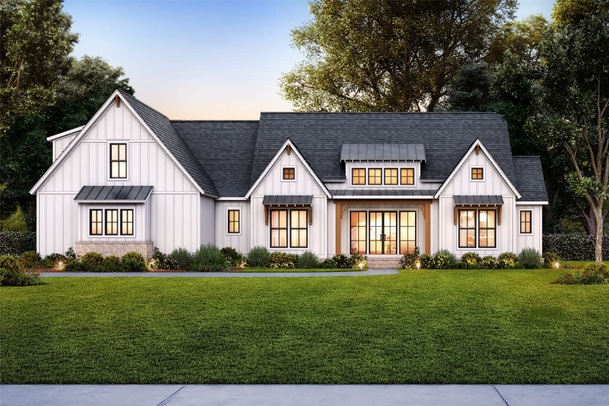 House plan exterior: Two-story Modern Farmhouse with gables, dormers, and a covered porch. Features vertical siding and black-framed windows.