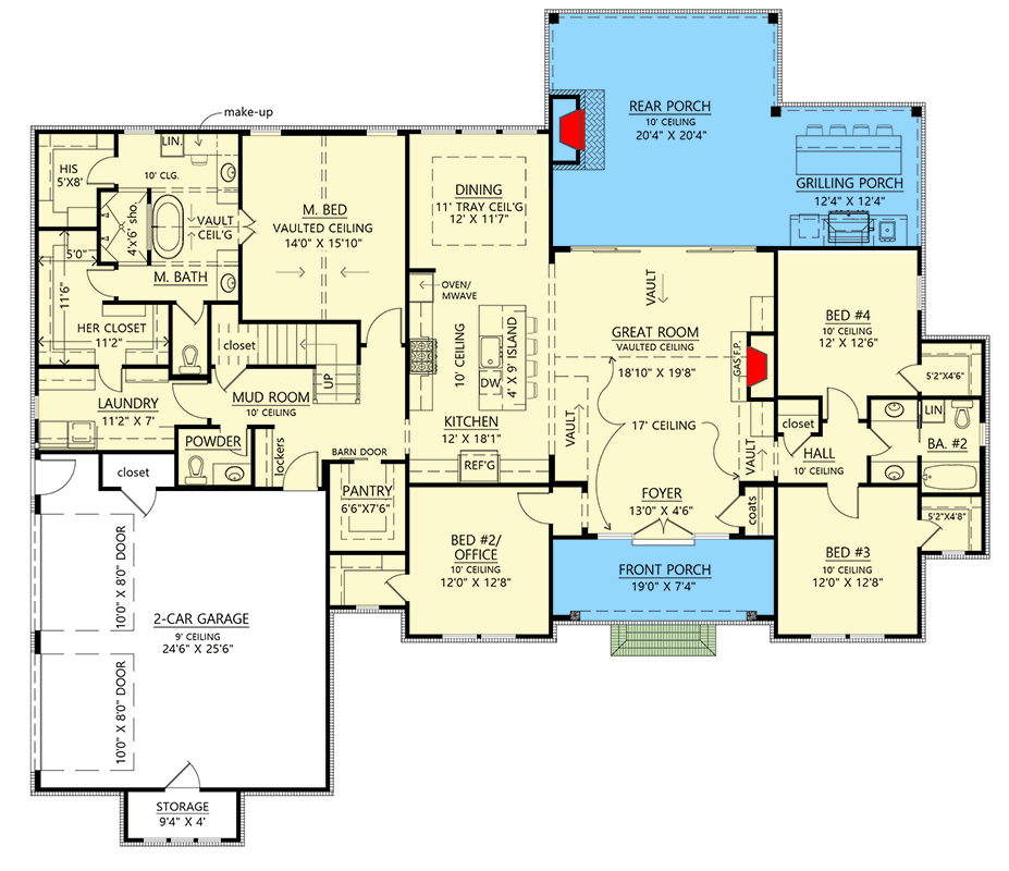 Plan 56544SM: 4-Bed Modern Farmhouse Plan with Optionally Finished Bonus Room - 2578 Sq Ft - Floor Plan - Main Level - Country, Farmhouse, Modern Farmhouse, New American