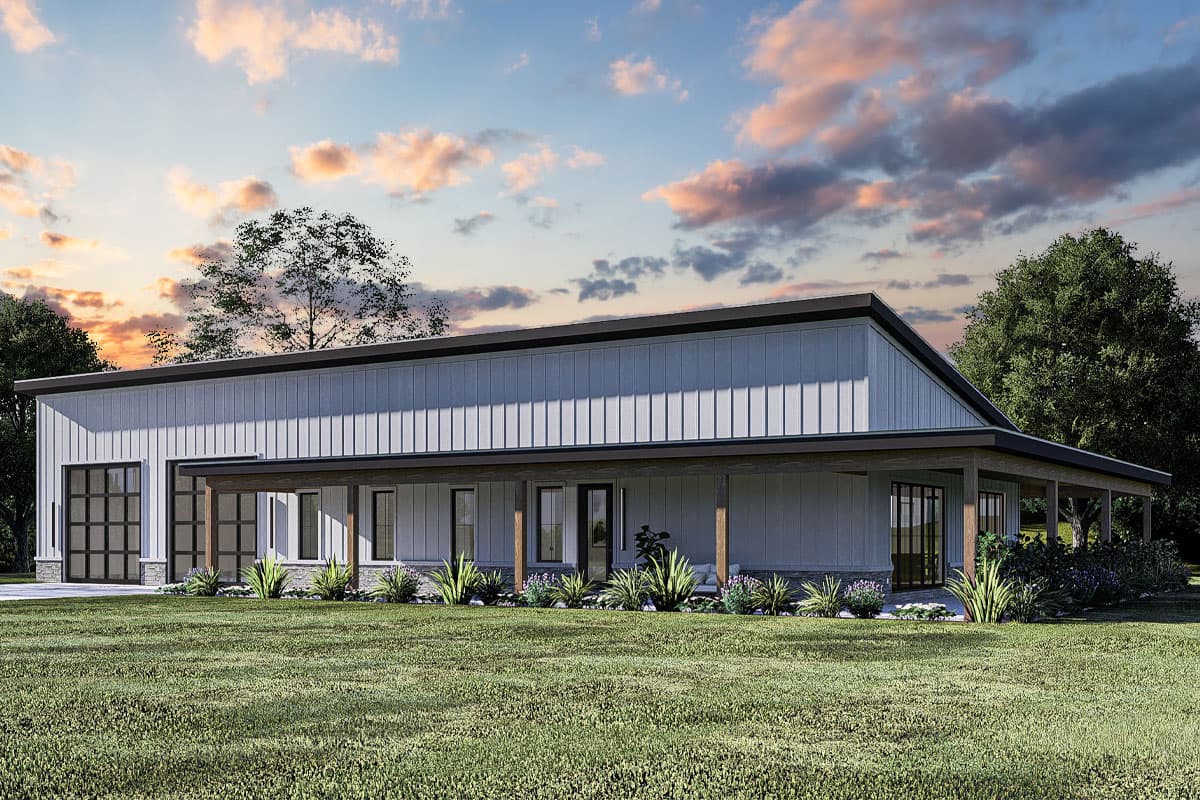 House plan exterior. Modern farmhouse style with a single story, long covered porch, and a side-entry garage with glass doors.