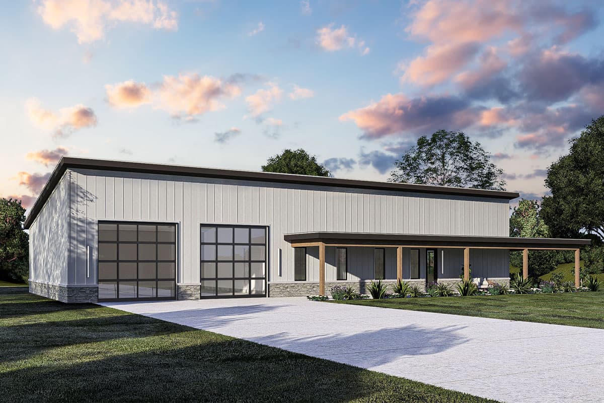 House plan exterior: Modern ranch with metal siding, two glass garage doors, and a covered entry porch.