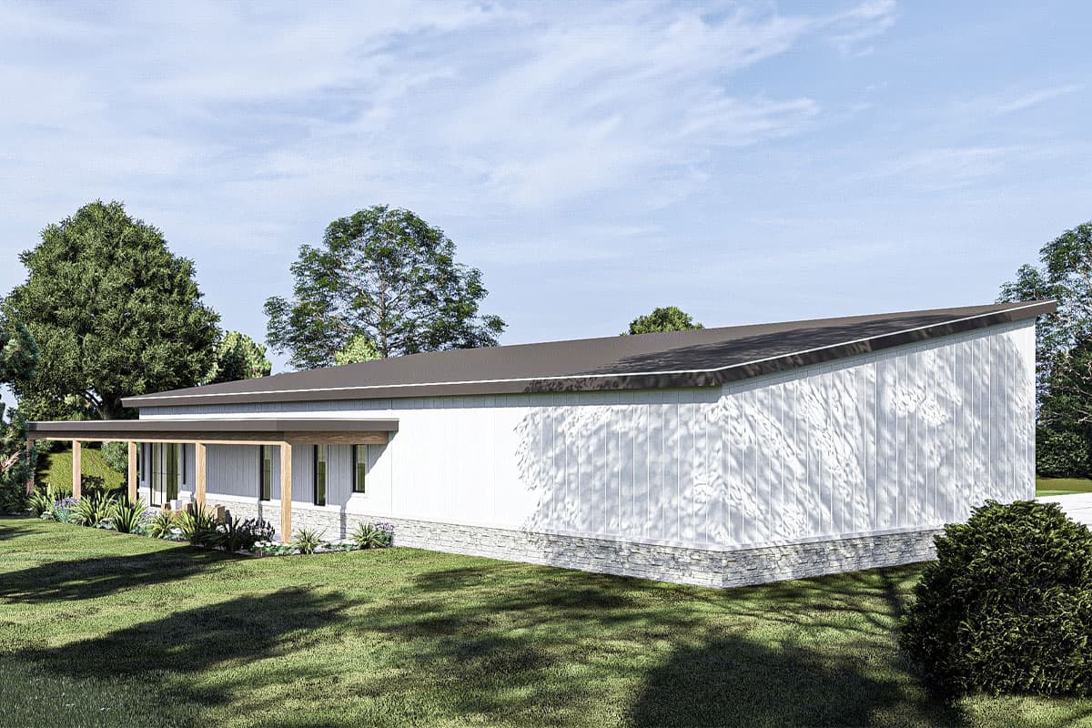 One-story Modern house plan exterior with a low-pitched gable roof, horizontal siding, and a covered porch supported by wooden posts.