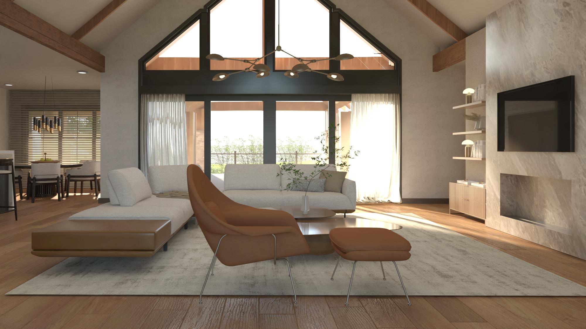 Modern living room with high ceilings and large windows, featuring a sofa, an armchair with a footstool, and a television above a fireplace.